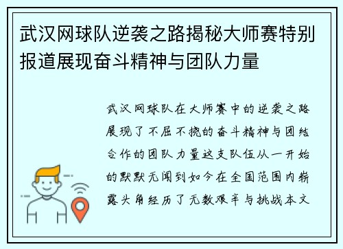 武汉网球队逆袭之路揭秘大师赛特别报道展现奋斗精神与团队力量